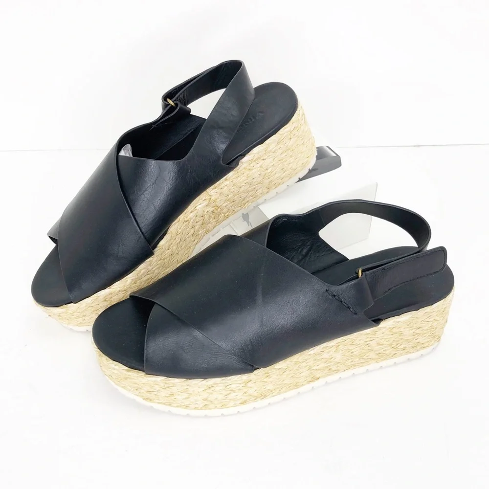 Vince, black, leather espadrille, platform, wedge sandals